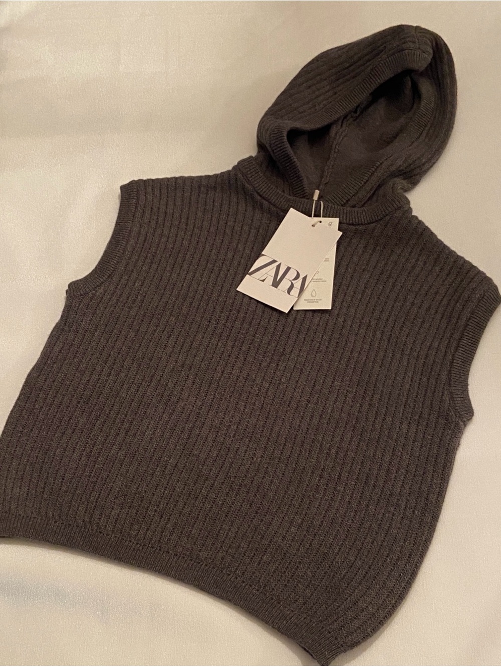 ZARA Baby Hooded Sleeveless Knit Cotton Pullover Sweater, Gray 12-18M NWT
